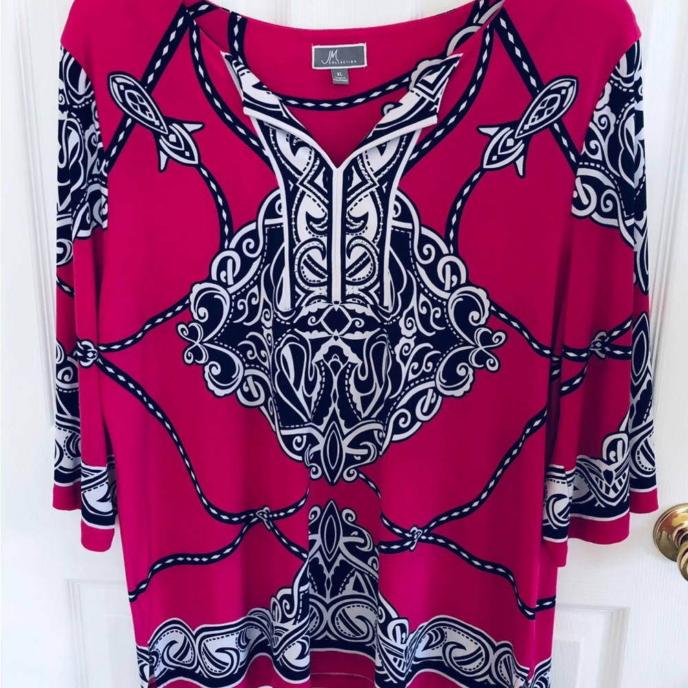 JM Collection Size XL Modern Boho Vibrant V-Neck Tunic 3/4 Sleeves Stretchy